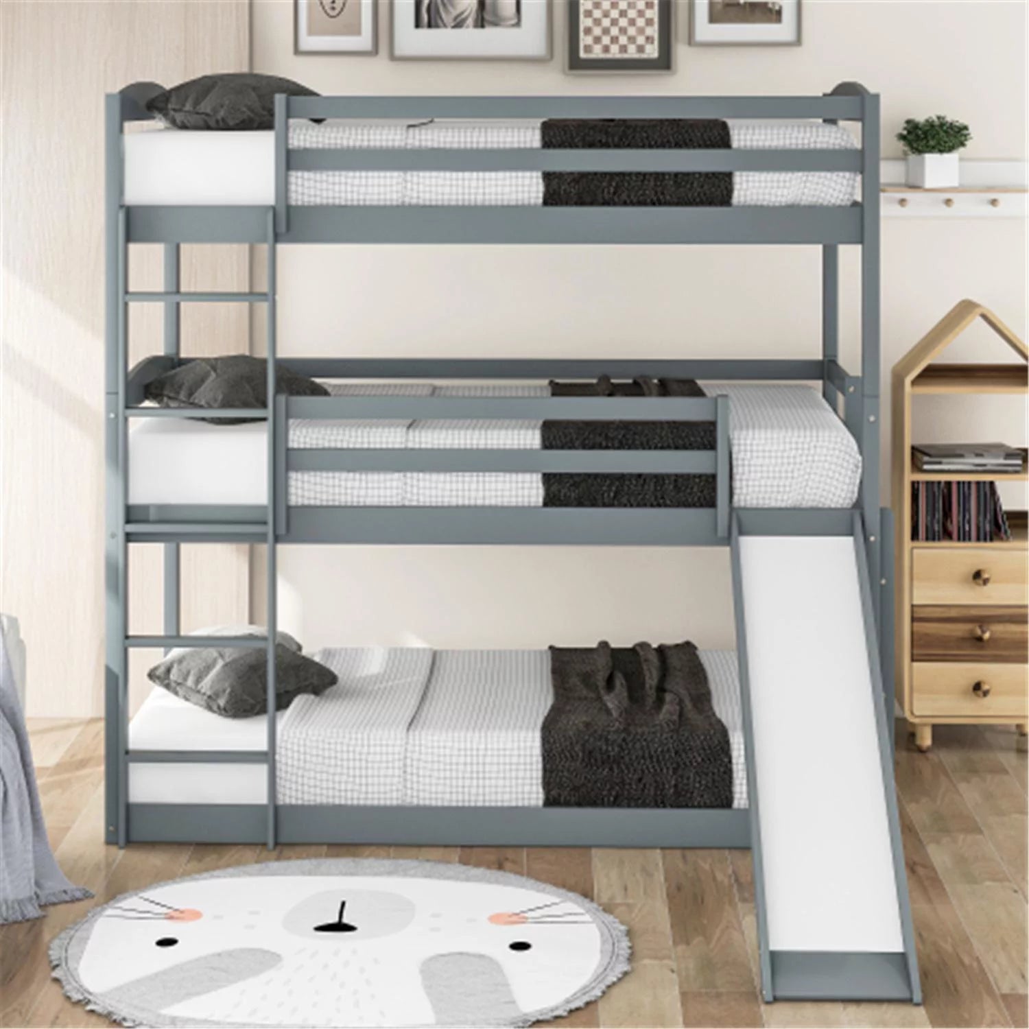 Gray Twin Over Twin Over Twin Adjustable Triple Bunk Bed Frame with Ladder and Slide, Triple Bunk Bed with Guardrail for Kids, Boys and Girls