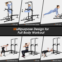 Power Tower Dip Station with Bench,Height Adjustable Pull Up Bar Stand with Folding Weight Bench,Heavy Duty Multi-Function Fitness Training Equipment for Home Office Gym