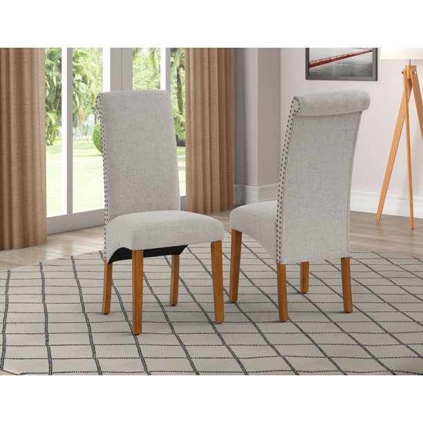 2 Pieces Fabric Dining Chair with Nailhead Trim and Long Back, Modern Dining Room Side Chairs Fabric Cushion Seat Back, 42.7" x 18.7" x 25",Beige