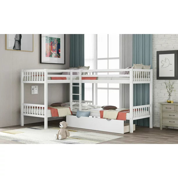 Quad Beds Twin L-Shaped Bunk Bed with Trundle and Guardrail, No Box Spring Needed, Solid Wood Bunk Beds Twin Over with Ladder and One Long Drawers, White