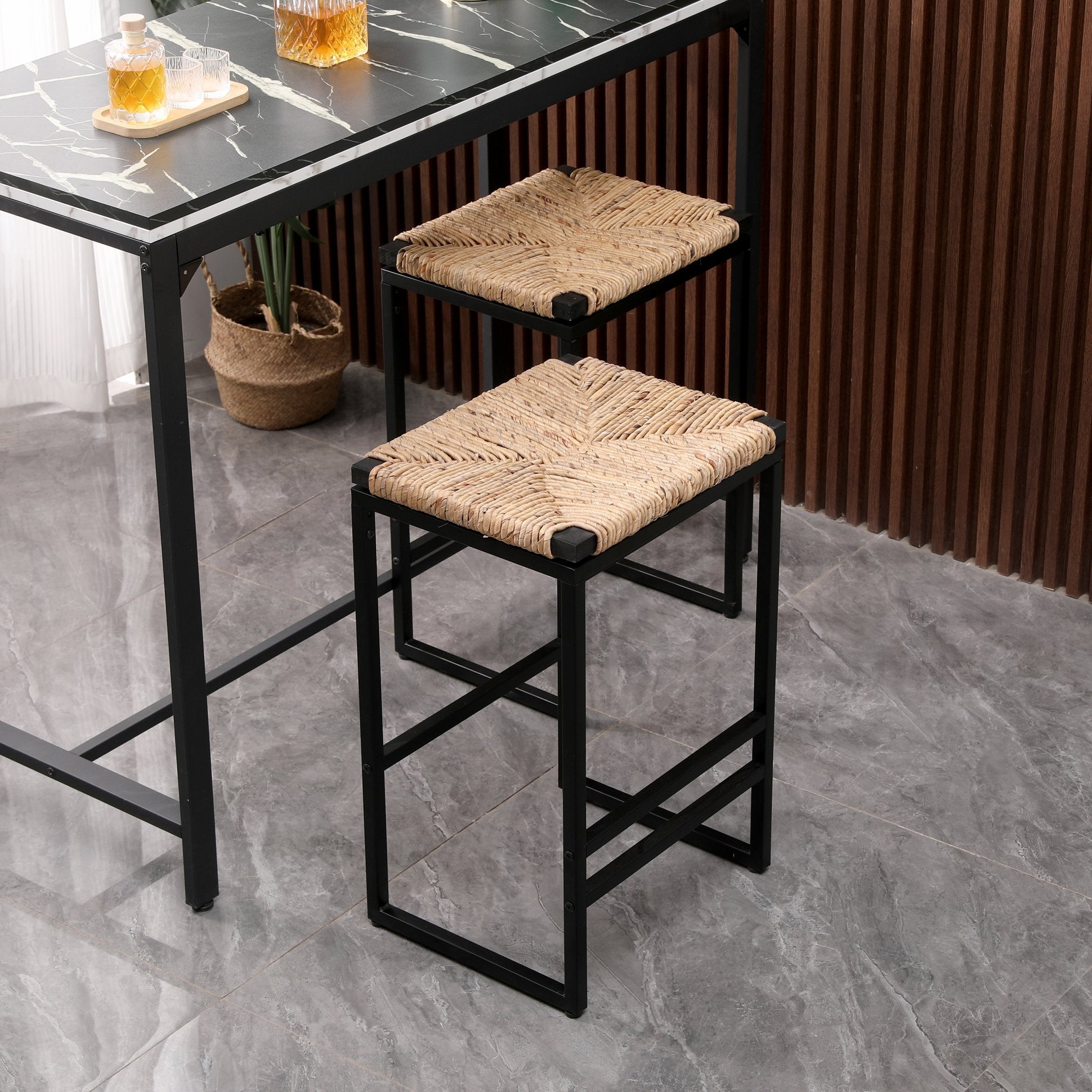 Set of 2 Industrial Bar Stools, Water Hyacinth Woven Bar Stools, Hyacinth Grass Backless Barstools with Footrest Kitchen Dining Chairs for Bar Living Room