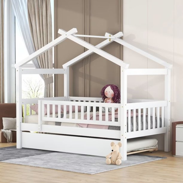 Twin Size House Bed, Wood House Bed with Twin Size Trundle, Bed Frame with Fence Guardrail and Roof, Platform Bed Frame for Boys and Girls, White