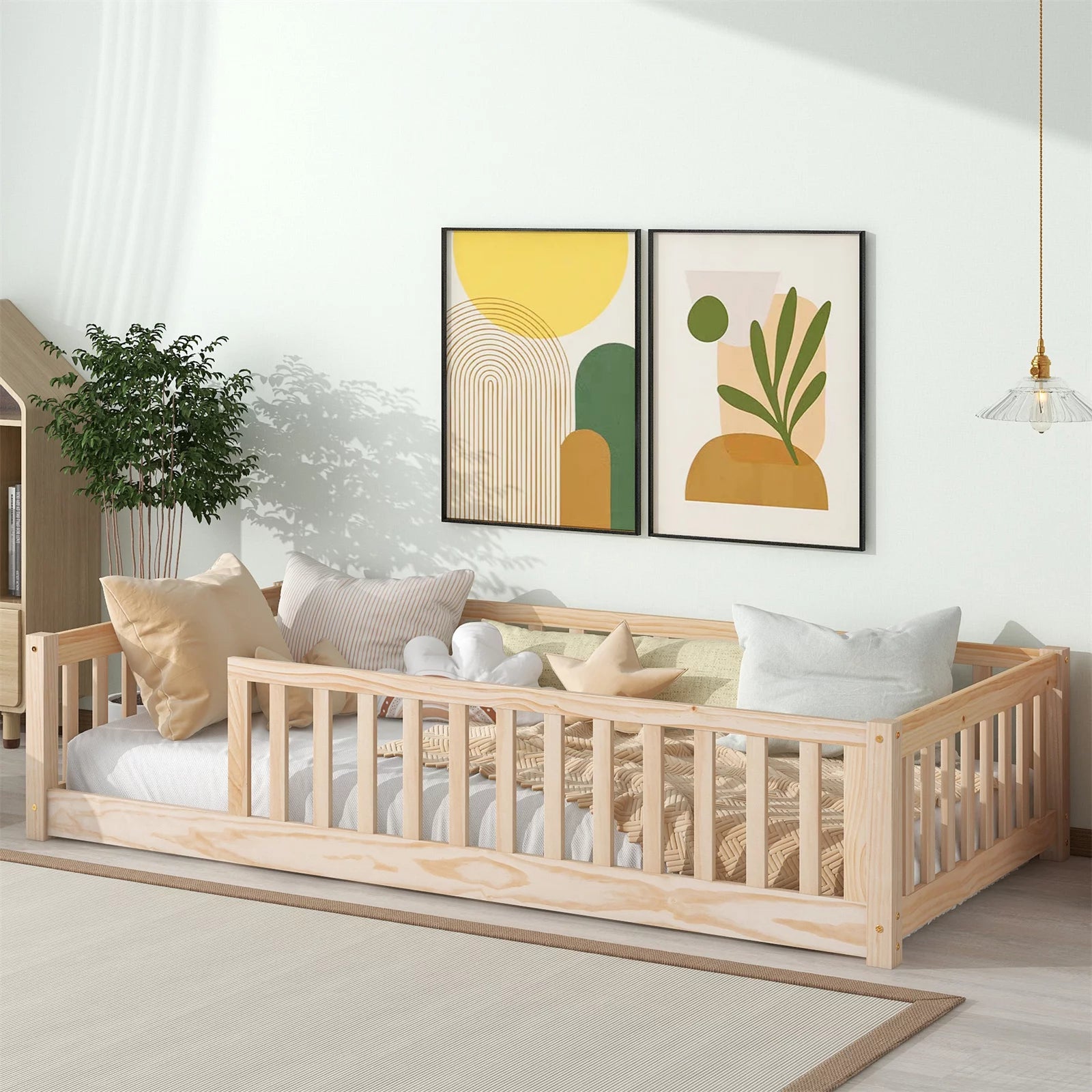 Twin Floor Bed with Fence for Kids, Solid Pine Wood Platform Bed Frame with Guardrails and Slats System, Playhouse Design Montessori Bed for Children Bedroom, Natural