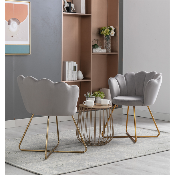 Velvet Dining Chairs Set of 2, Modern Lotus-Shaped Upholstered Accent Chair Armchair with Crossed Metal Legs, Comfy Single Sofa Chair, Leisure Lounge Chairs with Armrests for Living Room Kitchen, Gray