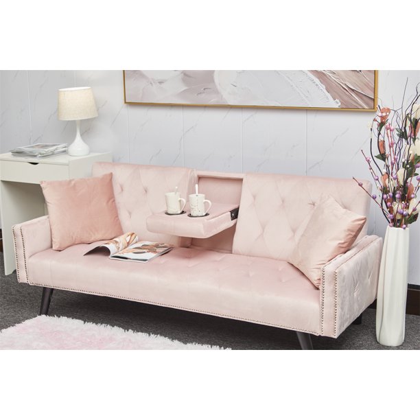 Convertible Sofa Bed, Velvet Loveseat Couch with Pillow and 2 Folding Cup Holders, Upholstered Accent Sofa with Adjustable Back and Nailhead Trim for Living Room Bedroom Office, Pink