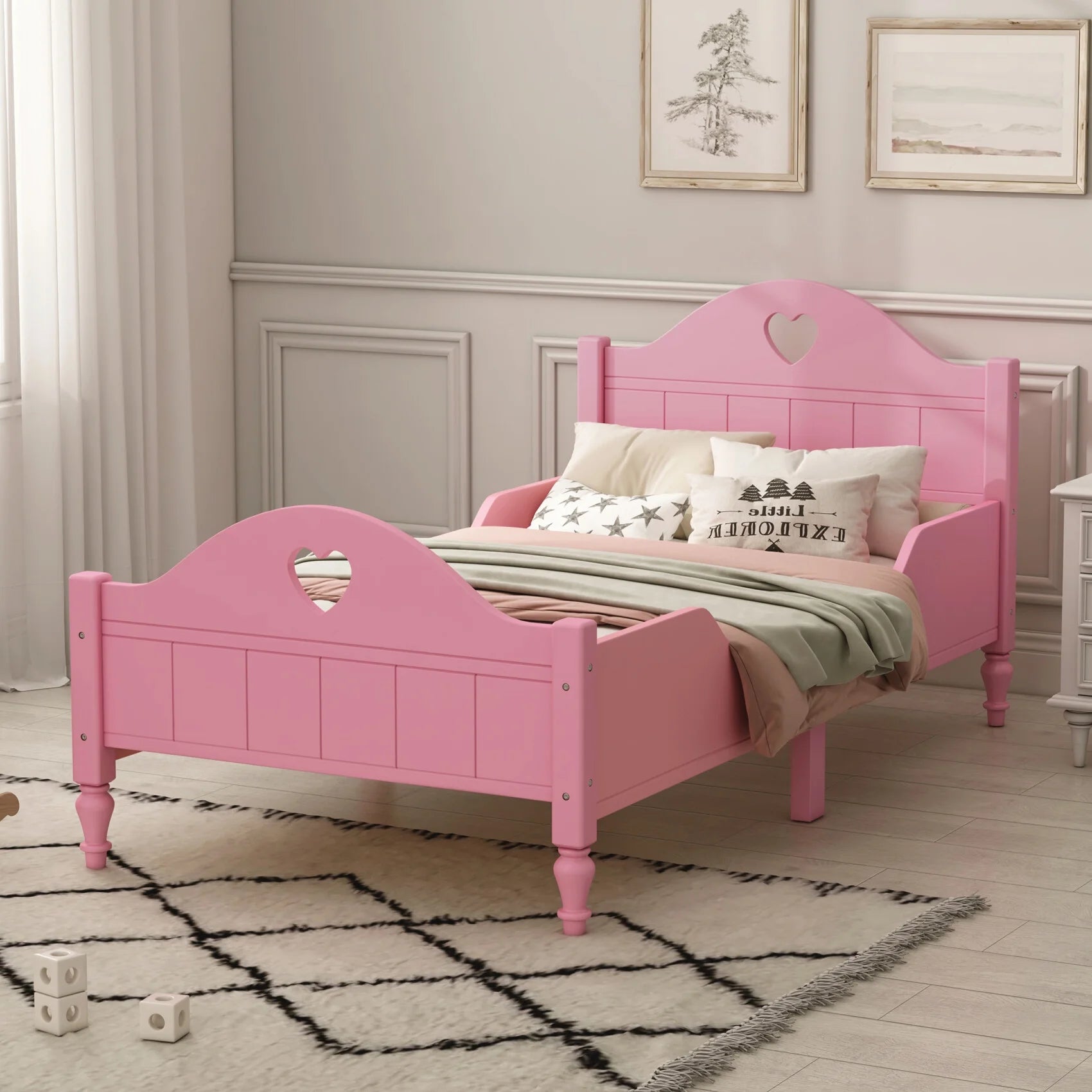 Twin Size Toddler Bed, Wood Twin Bed for Girls, Twin Size Bed Frame with Headboard and Footboard for Kids, Toddler Girls (Light Pink)