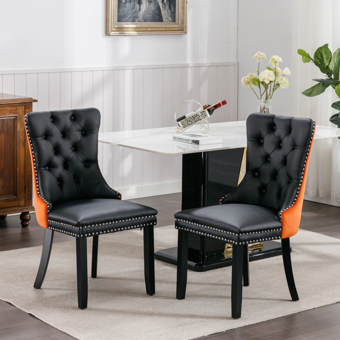 PU Leather Dining Chairs Set of 2, Upholstered High-end Tufted Study Chair with Chrome Nailhead Trim Back and Solid Wood Legs, Modern Counter Chair for Dining Room, Bedroom, Black & Orange