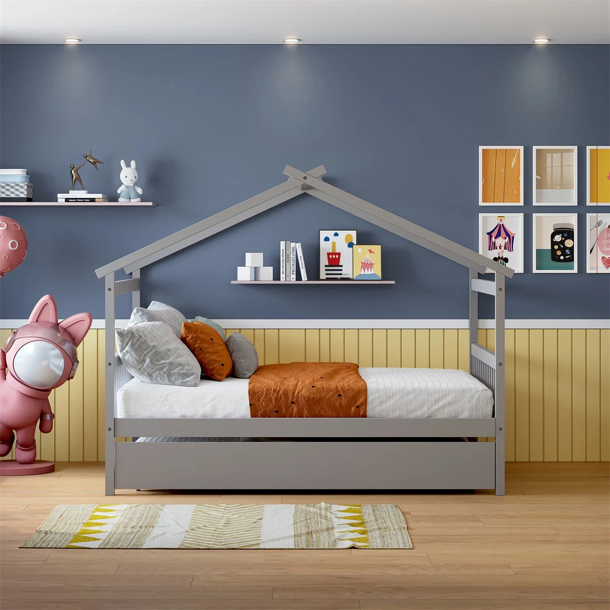 Full House Bed with Twin Size Trundle Bed,House Bed for Kids with Support Legs,Wooden Kids House Full Bed Frame for Toddlers,Kids,Teens.No Box Spring Needed,Gray
