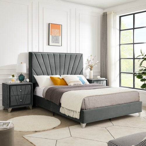 Full Size Upholstered Platform Bed with two nightstands, Wood Bed Frame with line stripe cushion headboard and 8 wood slats + metal legs,No Box Spring Needed