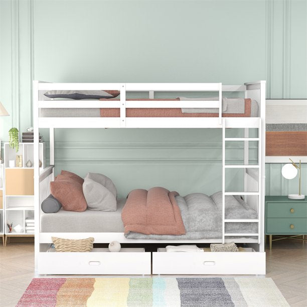 Solid Wood Twin Bunk Beds with Ladders and Two Storage Drawers, Twin over Twin Bunk Bed with Safety Guardrails for Kids, Teens, Adults, Wood Slats Support, Can be Separate into 2 Single Beds, White