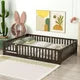 Queen Size Floor Bed for Kids, Wood Queen Montessori Bed Frame with Fence Guardrails and & Support Slats, Queen Playhouse Bed with Door Design, Kids Fence Bed Playpen Bed for Boys ,Girls, Expresso