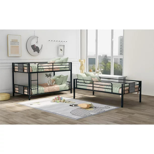 Detachable Twin Size Triple Bunk Bed for Kids, Industrial Metal Pipe Bed with Ladders and Guardrails, Convertible to 3 Platform Beds, No Box Spring Needed, Max 400 lbs 74.8 x 38.8 x 78.7 In Gray