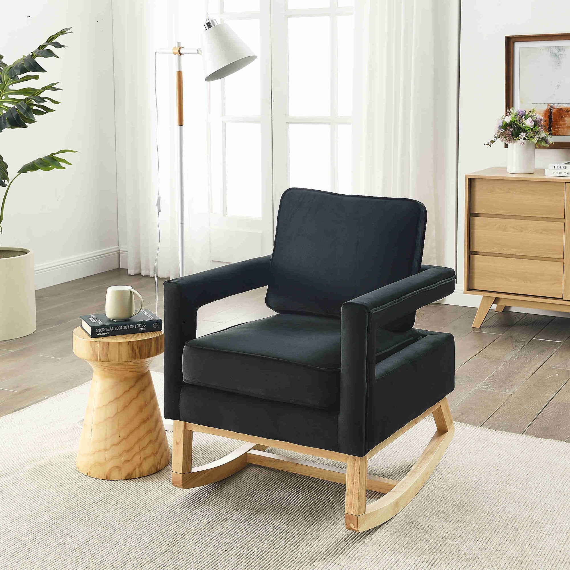 26"W Accent Rocking Chair, Fabric Club Chair, Modern Hollow Design Arm Rocking Chair, Rocking Glider Chair, Upholstered Rocker Accent Chair with High Backrest, for Bedroom, Nursery, Black