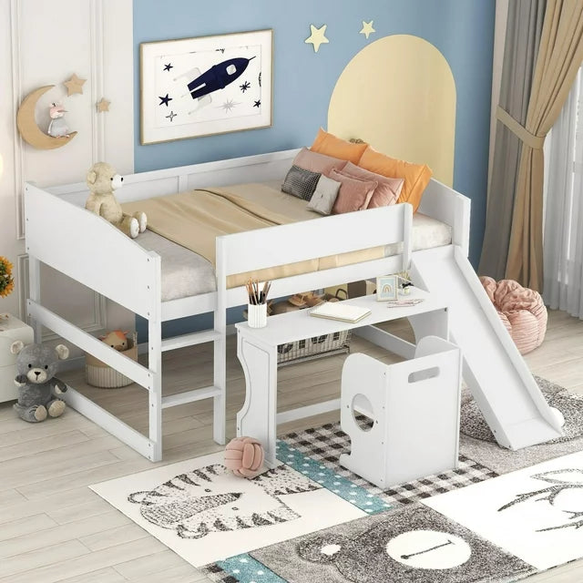 Full Size Loft Bed with Slide for Kids,Solid Wood Loft Bed Frame with Rolling Portable Desk and Chair,Multifunctional Low Loft Bed for Boys and Girls,White
