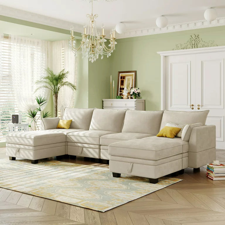 Modern U-Shaped Modular Sectional Sofa, Sectional Couch with 6 Storage Seat for Living Room, Large Convertible Sofa Bed with Reversible Chaise and 2 Separate Storage Ottoman (Beige)