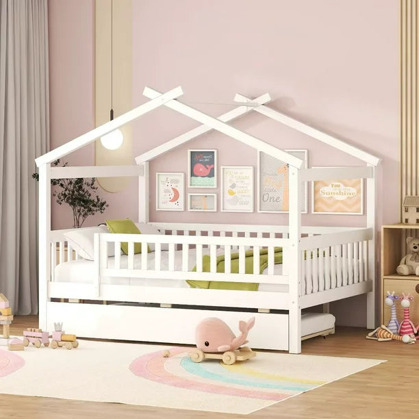 Full Size House Bed, Wood House Bed with Twin Size Trundle, Bed Frame with Fence Guardrail and Roof, Platform Bed Frame for Boys and Girls, White