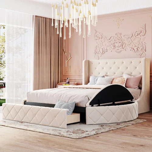 Queen Size Storage Velvet Bed Frame, Upholstered Platform Bed with Wingback Headboard and 1 Big Drawer,2 Side Storage Stool, No Box Spring Required