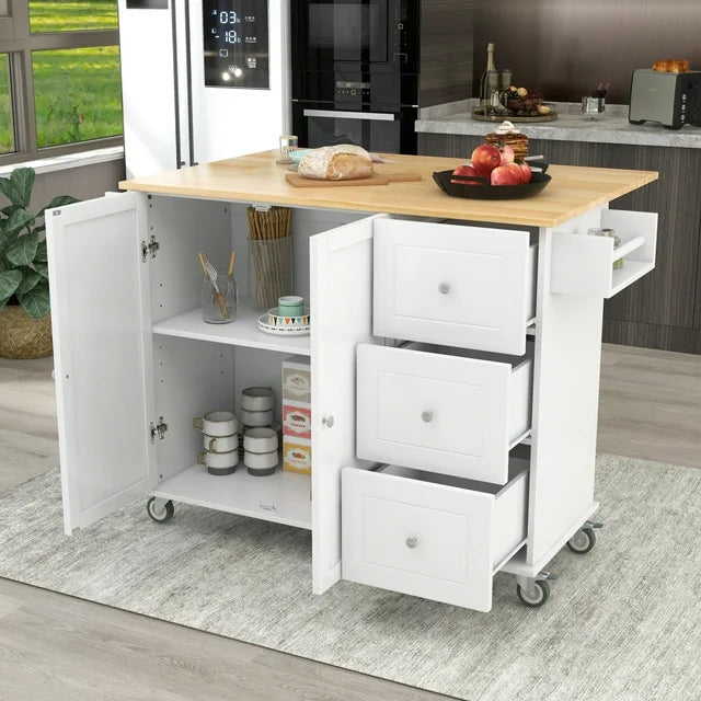 Rolling Kitchen Island with Three Drawers and Storage Cabinet, Kitchen Cart with Store Platform and Drop Leaf, Paper Towel Rack and Spice Rack Kitchen Cart on Wheels
