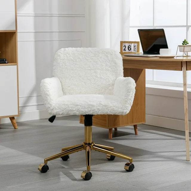 Home Office Desk Armchair with Wheels, Comfy Artificial Rabbit Hair Upholstered Accent Vanity Chair with Golden Metal Base, Adjustable Hight Swivel Task Computer Chair for Living Room, Bedroom, White