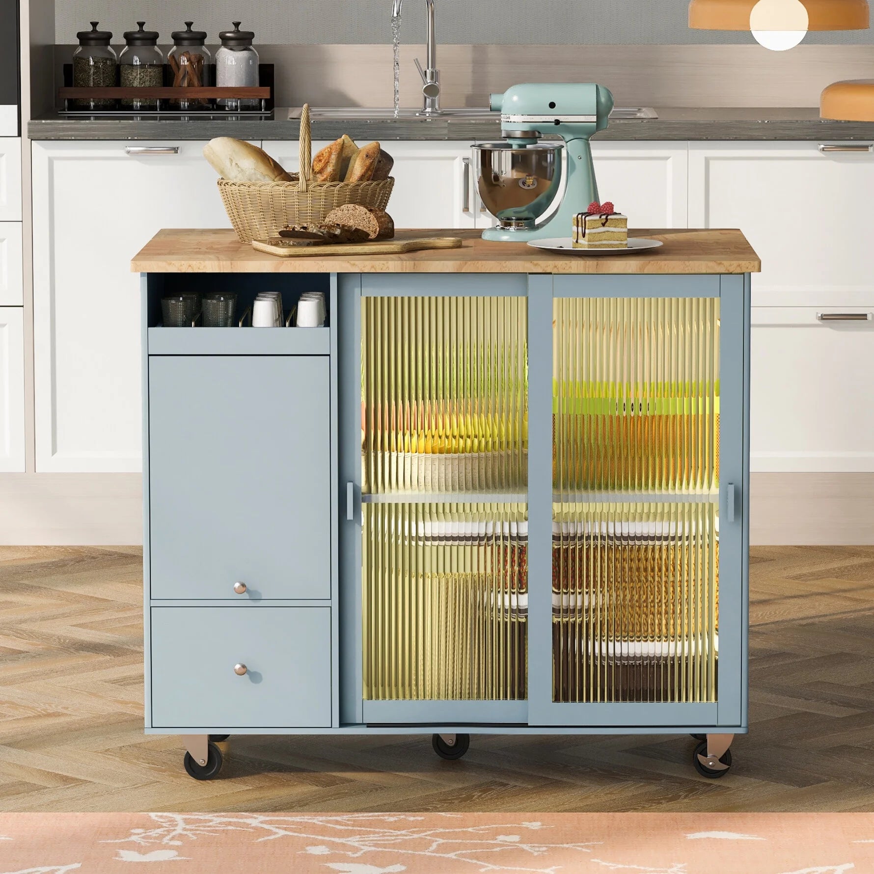 Kitchen Island with Drop Leaf, Modern LED Light Kitchen Cart on Wheels with 2 Fluted Glass Doors and 1 Flip Cabinet Door, 44" Large Kitchen Island Cart with an Adjustable Shelf and 2 Drawers, Gray