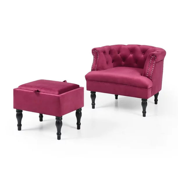 Modern Velvet Accent Chair with Storage Ottoman, Button Tufted Sofa Chairs Armchair with Nailhead Trim & Solid Wood Legs, Upholstered Lounge Chair Reading chair for Living Room Bedroom, Burgundy