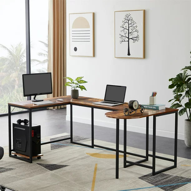 Multifunctional U-shaped Computer Desk for Adults, Industrial Corner Writing Desk with CPU Stand for 2 or 3 Person, Gaming Table Workstation Desk with Adjustable Foot Pad for Home Office, Brown