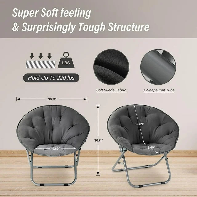 Folding Saucer Chair with Metal Frame and Ergonomic Seat, Portable Moon Chair with X-Shape Tube and Soft Fabric Comfy Lounge Room Chairs for Bedroom Living Room Courtyard