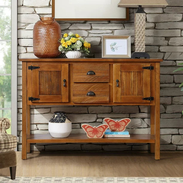 Solid Wood Console Table,Storage Sideboard with 2 Drawers and Cabinets and 1 Bottom Shelf, Retro Style Dining Buffet Server Cabinet for Living Room Kitchen Dining Room Furniture(Brown)