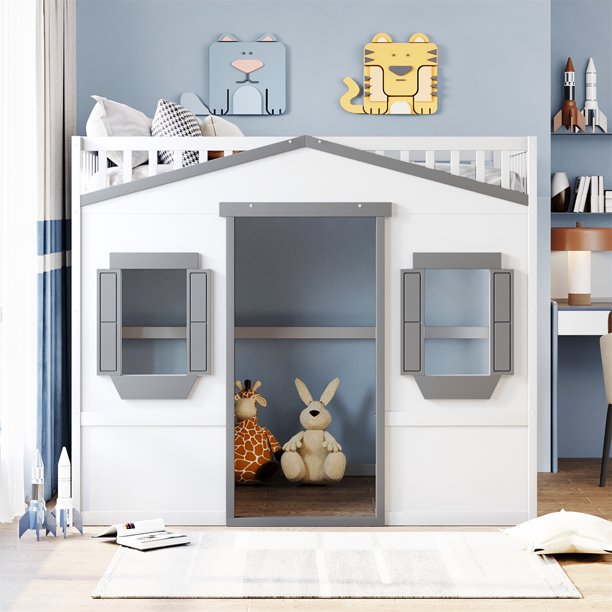 Full Size Loft Bed House Loft Bed with Window and Wall Solid Wood Playhouse Bed Frame with Ladder and Guardrails for Kids Boys Girls Teens, No Box Spring Needed, White+Gray