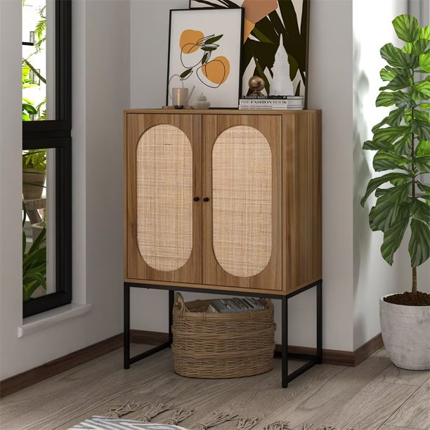41.34inch Tall Accent Cabinet, Rattan Sideboard Cupboard with Adjustable Shelf and 2 Doors, Free Standing Storage Cabinet for Living Room, Kitchen, Bedroom, Walnut