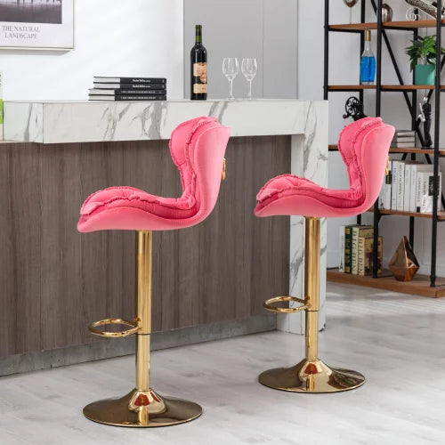 Bar Stools Set of 2, Velvet Upholstered Counter Height Barstools with Soft Cushions & Footrest & Gold Metal Base, Swivel Height Adjustable Dining Chairs for Kitchen Island, Living Room, Pink