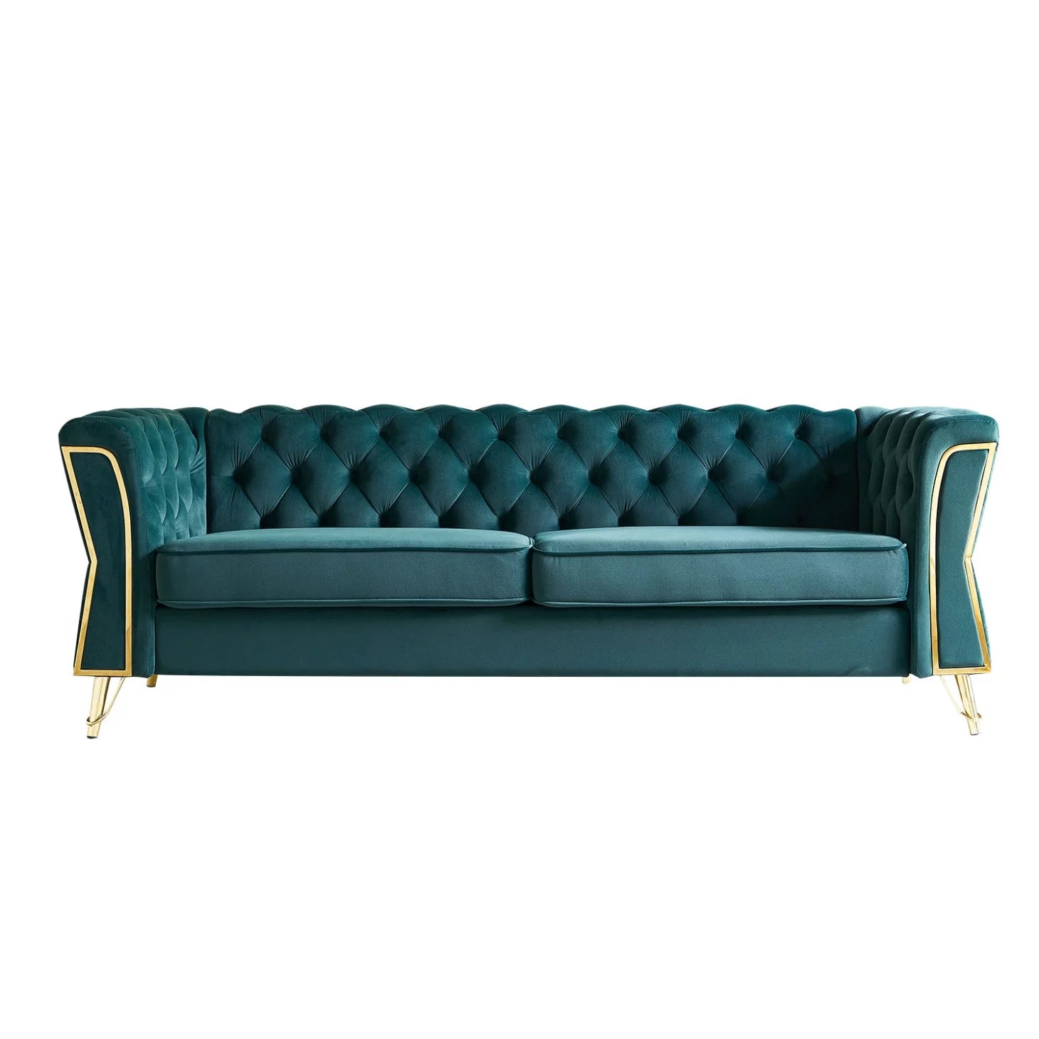 87.4'' Modern Tufted Velvet Sofa, Modern Upholstered Accent Sofa with Diamond Seam Shape Backrest & Gold Metal Legs, Elegant Lounge Sofa Couch, for Living Room, Green