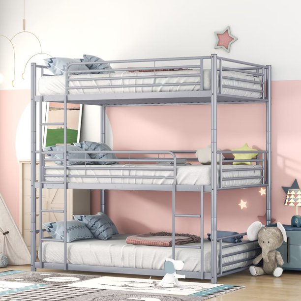 Metal Triple Bunk Bed Full over Full over Full Size, 3-in-1 Bed Frames with 2 Built-in Ladders and Full-length Guardrails, Modern Triple Bed Convertible to 3 Separate Beds for Boys Girls, Gray