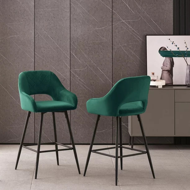 Bar Stools Set of 2, Velvet Upholstered Dining Chairs Barstools, Fixed Height Bar Chairs with Metal Frame and Footrest, Modern Bar Chairs for Cafe Pub Kitchen Island Dining Room, Green
