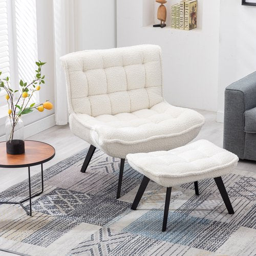 Soft Teddy Fabric Chair with Ottoman, Modern Accent Chair with Black Metal Legs, Upholstered Seat Leisure Chair for Living Room, Indoor Home, White Teddy