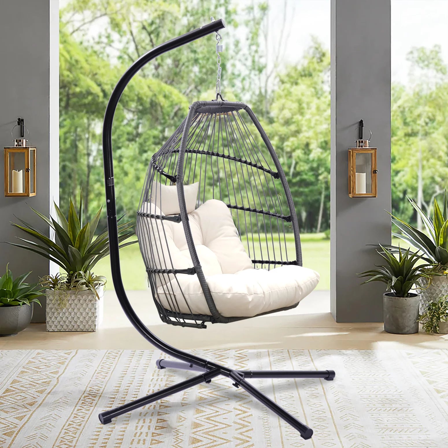 Outdoor Patio Hammock Swing, Rattan Folding Hanging Chair Egg Shape Chair with Metal Stand Base and Thicken Cushion for Balcony, Poolside, Backyard, Beige Cishion