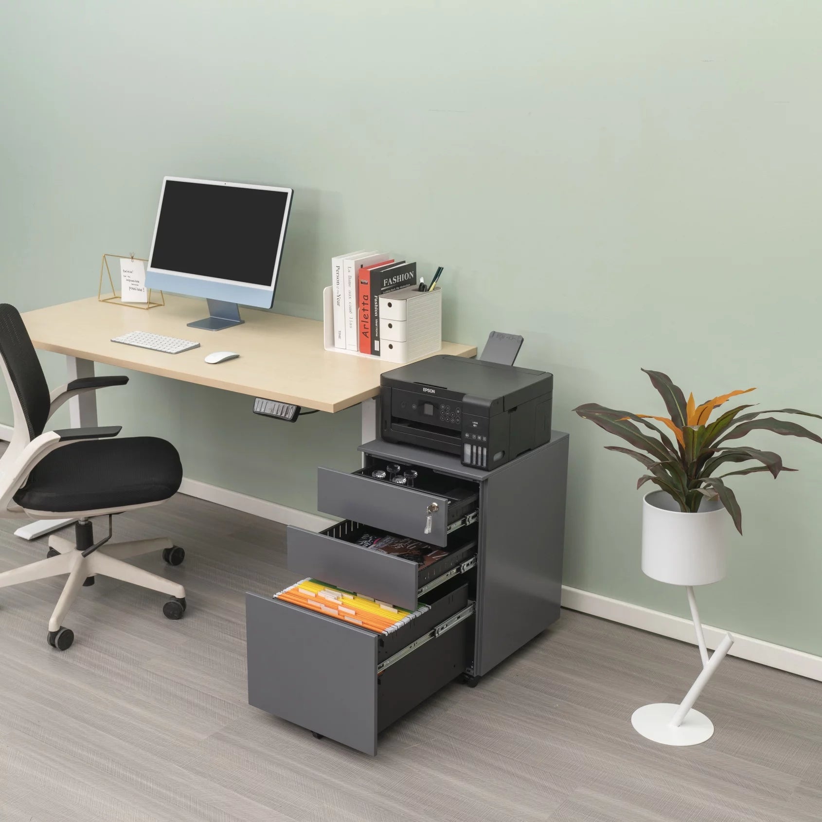 3 Drawer File Cabinet with Lock, Steel Mobile Filing Cabinet on Anti-tilt Wheels, Small Rolling Locking Office Cabinets Under Desk for Legal/Letter/A4/F4 Size, Fully Assembled, Gray