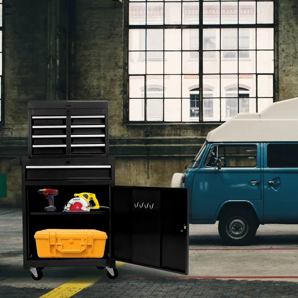 5-Drawer Rolling Tool Chest & Removable Tool Box with Locking System, Tool Box Organizer with 4 Wheels&Hooks, Large Capacity Garage Storage Cabinet for Warehouse and Repair Shop, Black