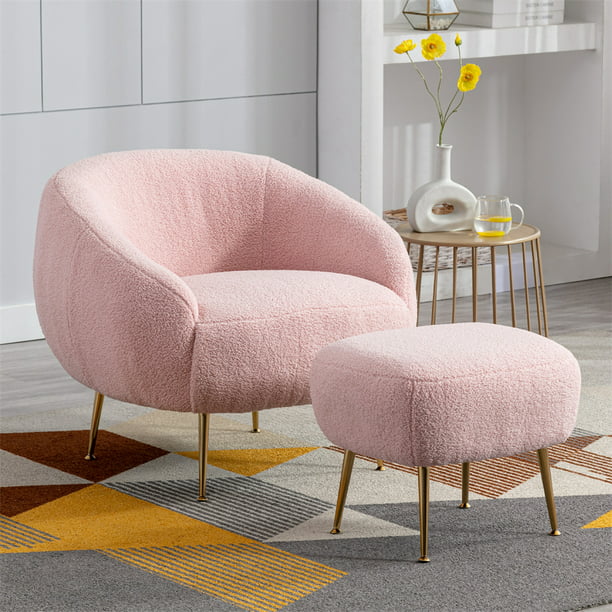 Accent Chair with Ottoman, Modern Teddy Velvet Tufted Armchair Lounge Chair with Footrest, Comfy Upholstered Single Sofa Chair Leisure Reading Chair with Golden Metal Legs for Living Room, Pink