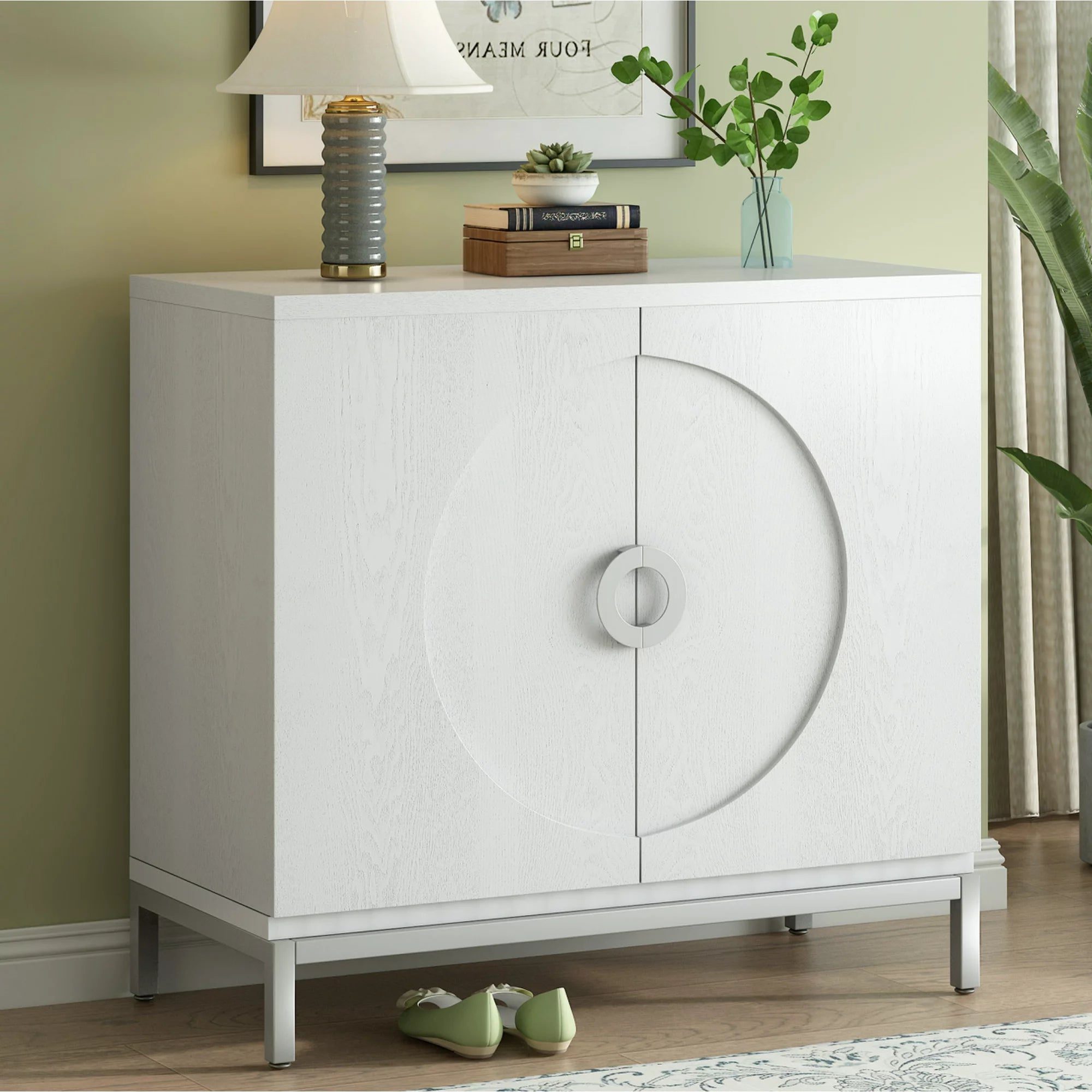 Sideboard Storage Cabinet, Simple Accent Cabinet with Doors and Solid Wood Veneer, Modern Buffet Cabinet Entryway Cabinet with Storage and Metal Leg Frame for Living Room, Dining Room, Home, White