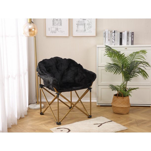 Saucer Chair, Soft Faux Fur Oversized Folding Accent Chair, Soft Furry Lounge Lazy Chair, X-Large Metal Frame Moon Chair for Bedroom, Living Room (Black)