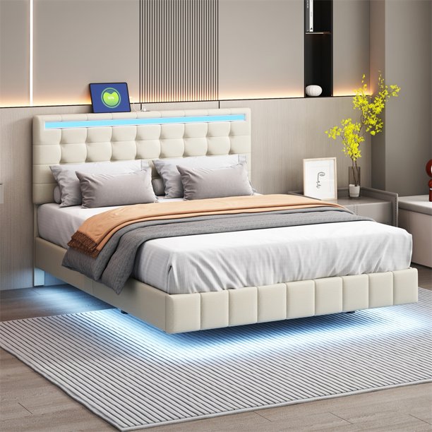 Queen Size Platform Bed, Floating Upholstered Platform Bed with LED Lights and USB Charging for Kids Teens Adults, Modern Wooden LED Bed Frame with LED Light Headboard for Bedroom Apartment, Beige