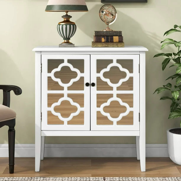 31.5" Accent Wood Buffet Sideboard, Storage Cabinet with Mirrored Doors and Adjustable Shelves, Modern Vintage Design Entryway Console Table, Farmhouse Coffee Bar Cupboard for Living Room, White