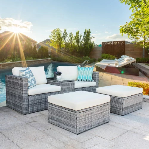 5 Pieces Outdoor Furniture, Patio Rattan Loveseat, All Weather Sectional PE Sofa Conversation Set with Ottoman Coffee Table, Garden Lawn Pool Backyard, Gray Wicker White Cushions