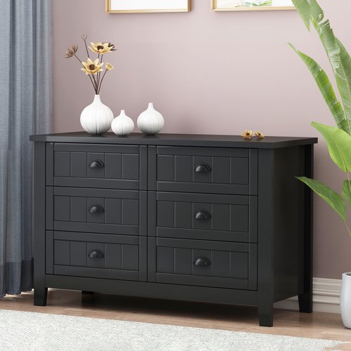 6 Drawer Dresser for Bedroom, Chest of Drawers with Shell-shaped Handle for Kids Adults, Wood Storage Tower Clothes Organizer, Large Storage Cabinet for Closet, Living Room, Hallway Antique Black, C