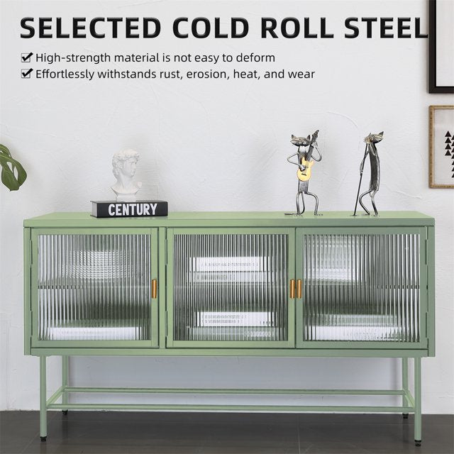 TV Console TV Stand, Enclosed Storage Display Cupboard with Wide Countertop Glass Doors & Detachable Shelves, Stylish Fluted Glass TV Table for Living Room, 47.40"Lx15.90"Wx26.10"H, Mint Green