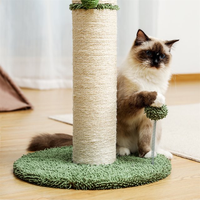 Large Cactus Cat Scratching Post, Cat Scratcher with Natural Sisal Ropes, Durable Cat Scratching Toy with Two Balls for Cats and Kittens, White