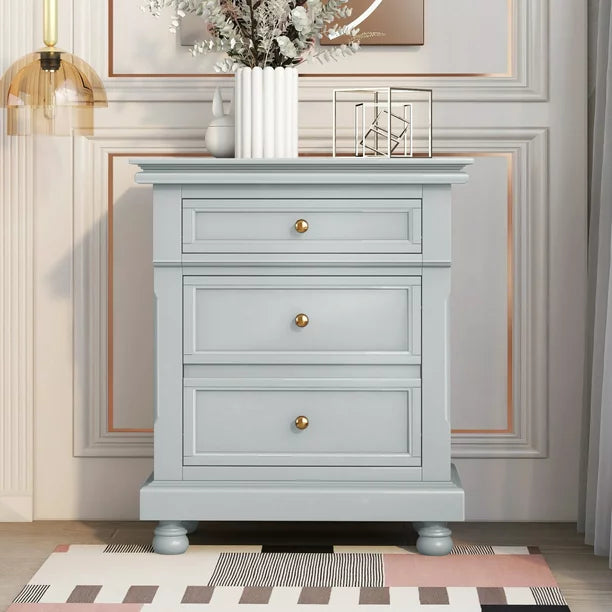 Nightstand with 3 Drawers,Solid Wood End Table Side Table with Storage,Vintage Bedside Table for Bedroom Hallway Living Room,Gray
