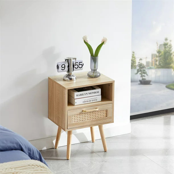 Nightstand with Drawer and Storage Shelf, 15.75" Modern Rattan End Table with Woven Pattern Drawer and Solid Wood Legs, Wood Side Table for Bedroom Living Room, Natural