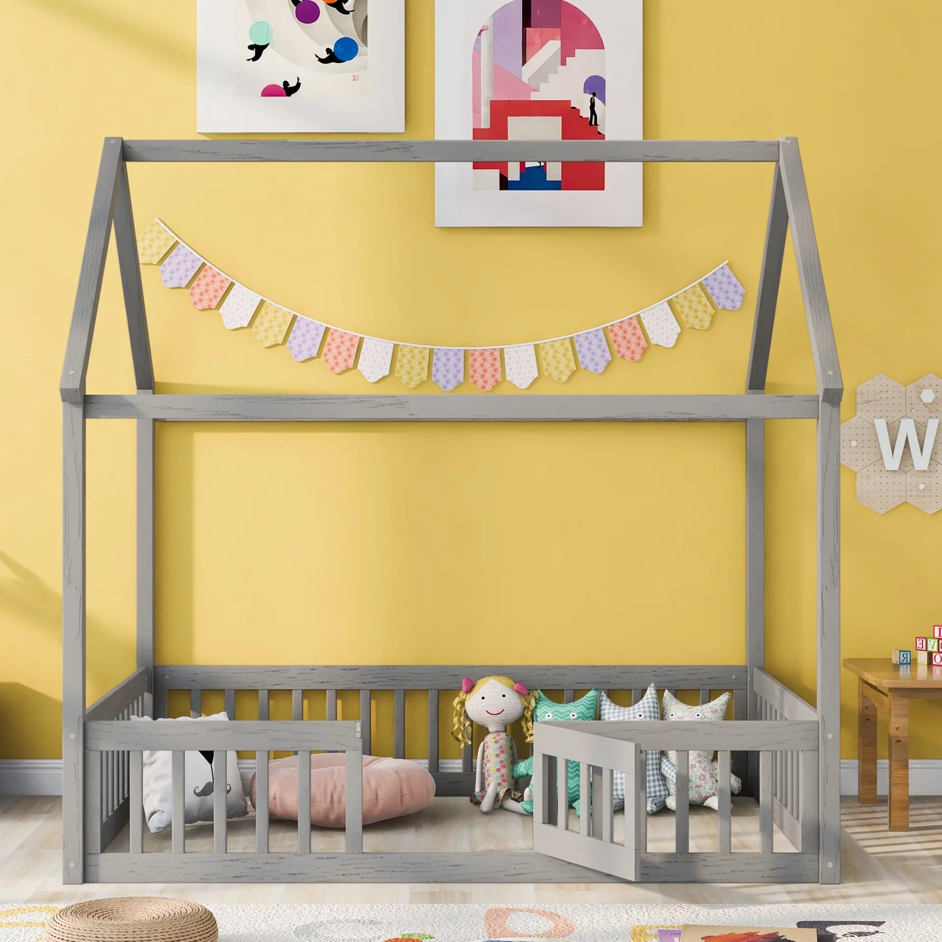Full Size House Bed with Fence and Door for Kids, Montessori Floor Bed with Roof Can be Decorated, Playhouse Design Wood Bed Frame for Kids Toddlers Boys and Girls, Gray